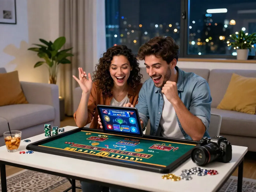 Young couple enjoying games at new credit card casinos in a cozy living room.