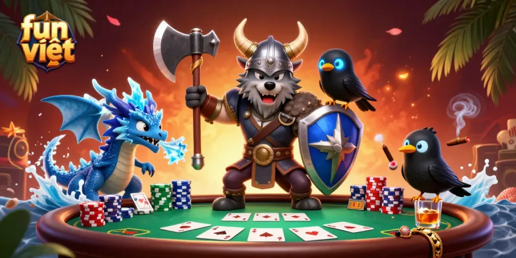 Experience fun việt with thrilling poker action featuring a Viking warrior, dragon, and poker game elements.