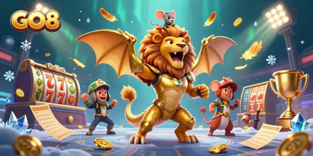 Engage in thrilling slots from GO8 while witnessing a golden chimera roaring heroically.