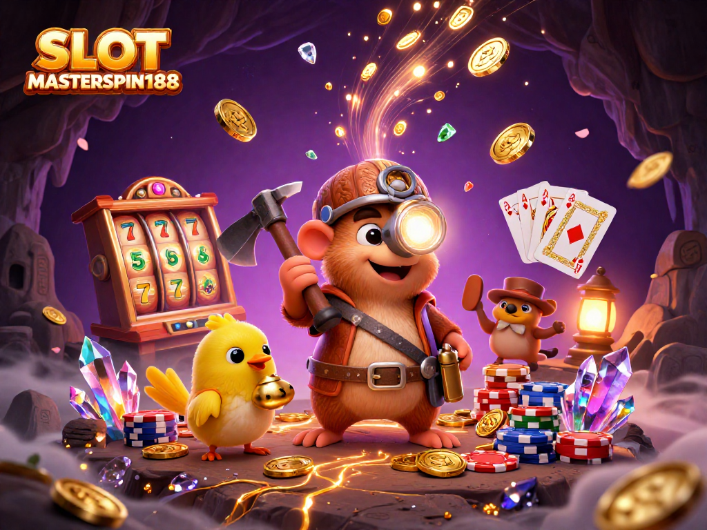 SLOT MASTERSPIN188 brings excitement as a treasure hunter mole and canary navigate a dazzling casino adventure.