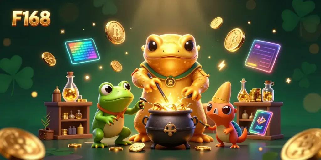Experience the excitement at F168 with a vibrant 3D scene of characters transmuting gold coins in a mystical gambling world.