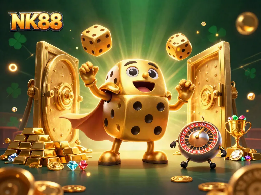 Experience the thrill of NK88 with a vibrant scene of golden dice juggling and casino riches.