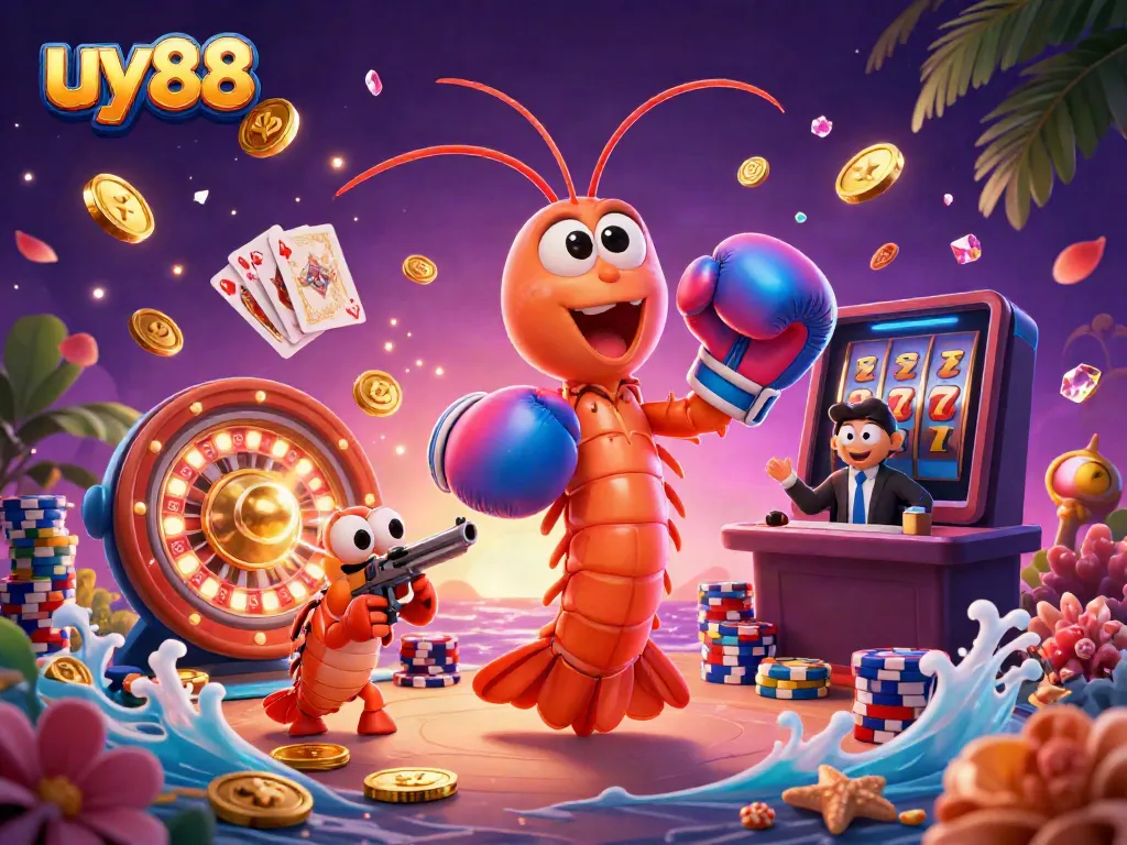 Engage with uy88's captivating games featuring vibrant 3D characters, golden coins, and rich casino elements.