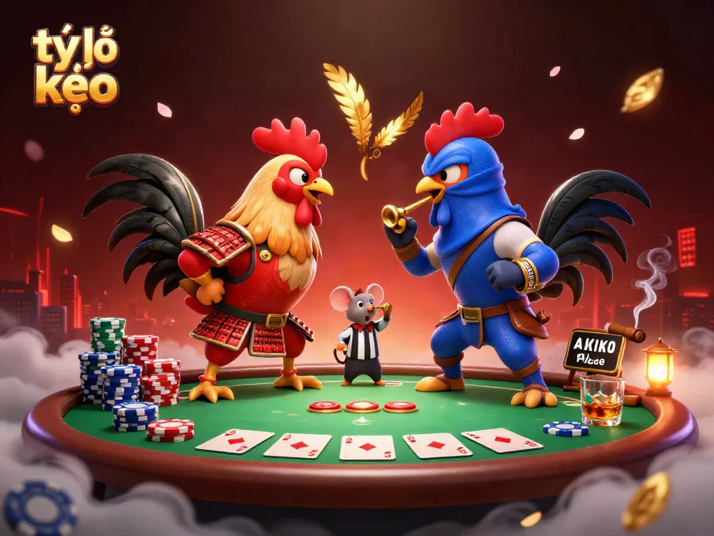 Engaging scene showcasing tỷ lệ kèo with twin roosters and poker elements in a vibrant casino atmosphere
