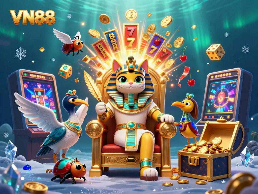 Experience vibrant winnings at VN88 with a dynamic casino scene featuring a pharaoh cat and treasures.