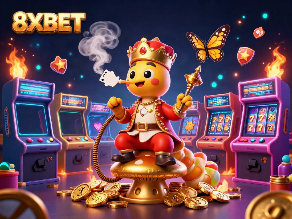 Experience thrilling gameplay in 8XBET with a vibrant 3D illustration featuring casino elements and lively characters.