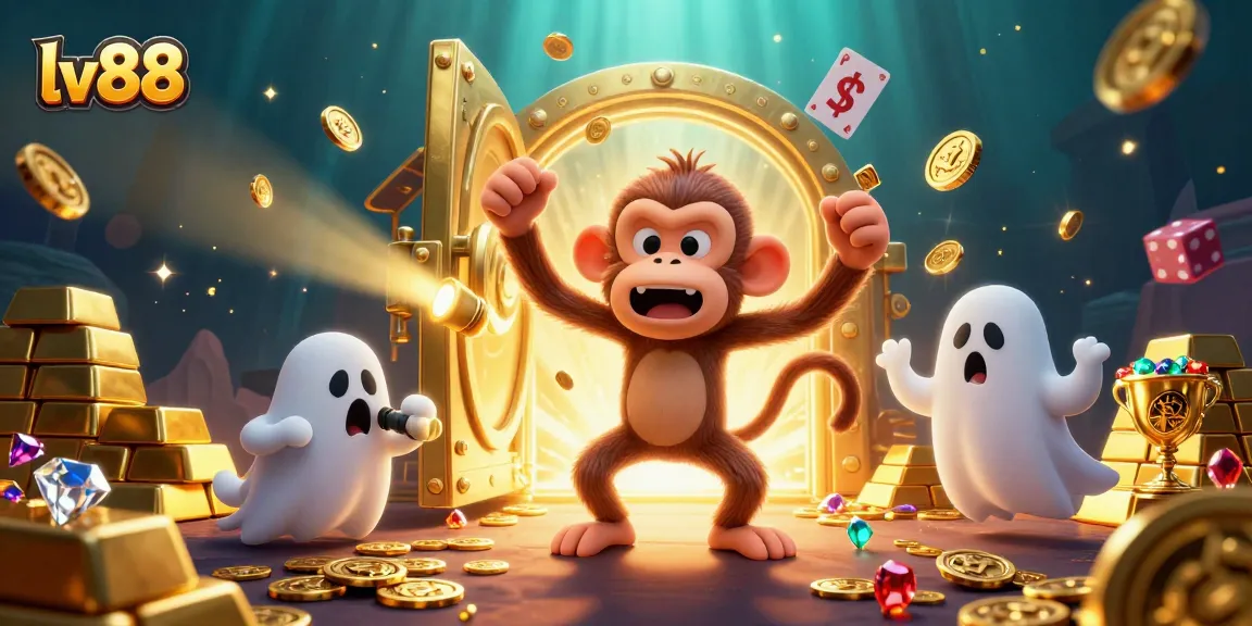 Play games with lv88 in an enchanting scene of a haunted casino featuring gold treasures and playful characters.