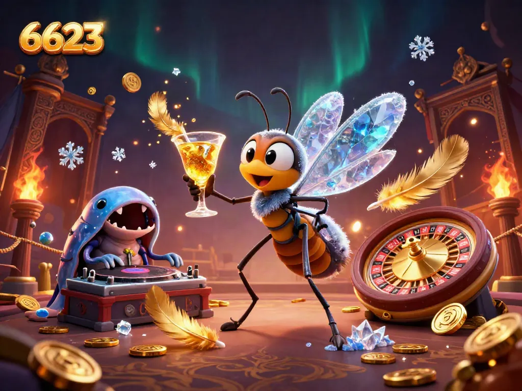 Experience the excitement at 6623 with a lively casino mascot, DJ, and roulette wheel in an animated digital scene.