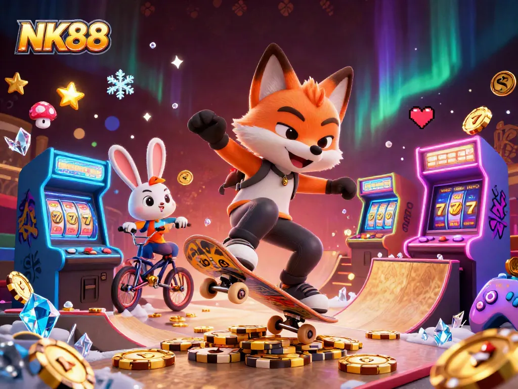 Engage with NK88's vibrant casino-themed 3D illustration showcasing a skateboarder fox and BMX rabbit in action.