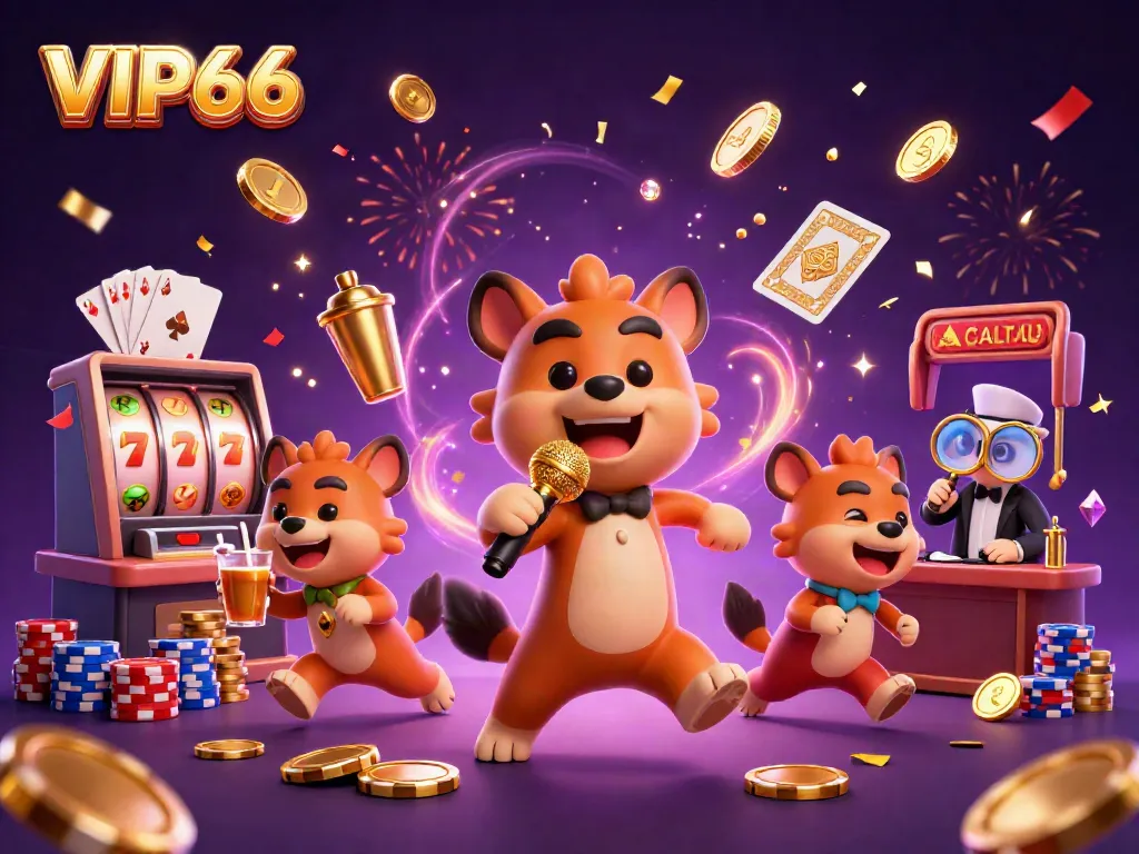Experience VIP66 with lively hyenas in a vibrant casino scene filled with jackpots and golden coins.