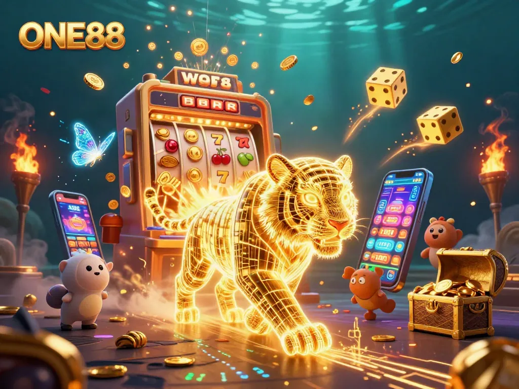 Experience the vibrant energy of ONE88 with a golden tiger in a dynamic digital casino.