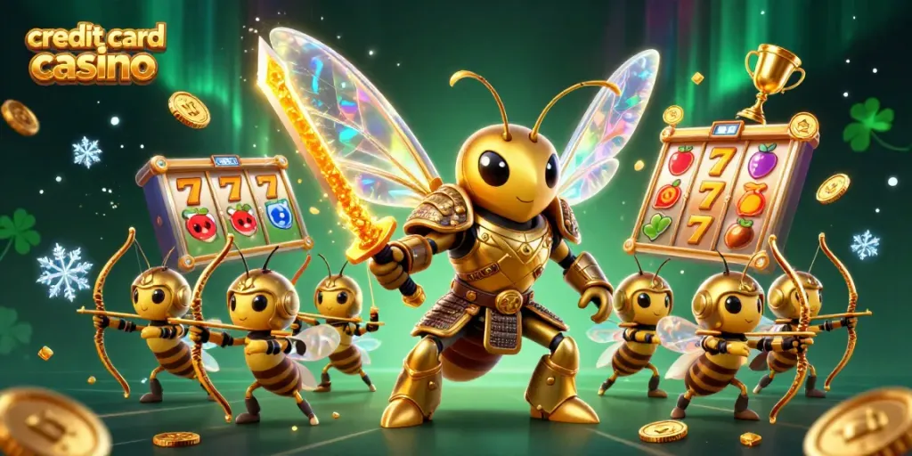 Experience winning at a credit card casino with adventurous characters in a vibrant environment