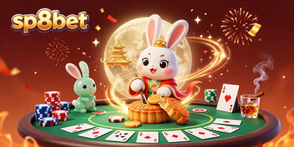 Engage in thrilling action at sp8bet with a moon rabbit celebrating poker wins amidst festive details.