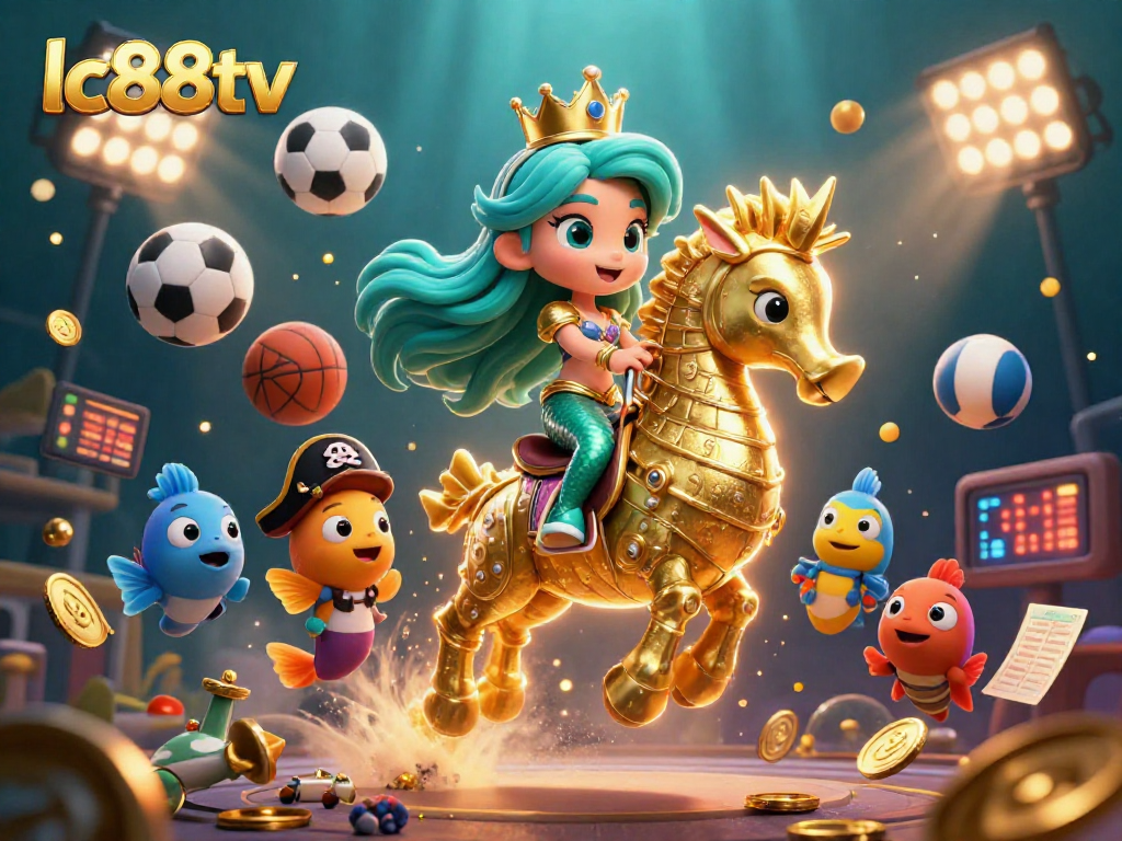 Experience thrilling wins at lc88tv with a vibrant casino-themed illustration featuring a mermaid princess and sports elements.