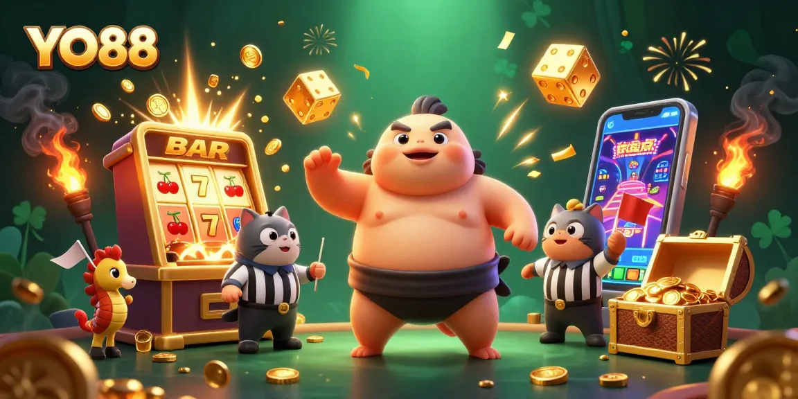 Experience thrilling wins at YO88 with a colossal fugu character in an exciting casino scene.