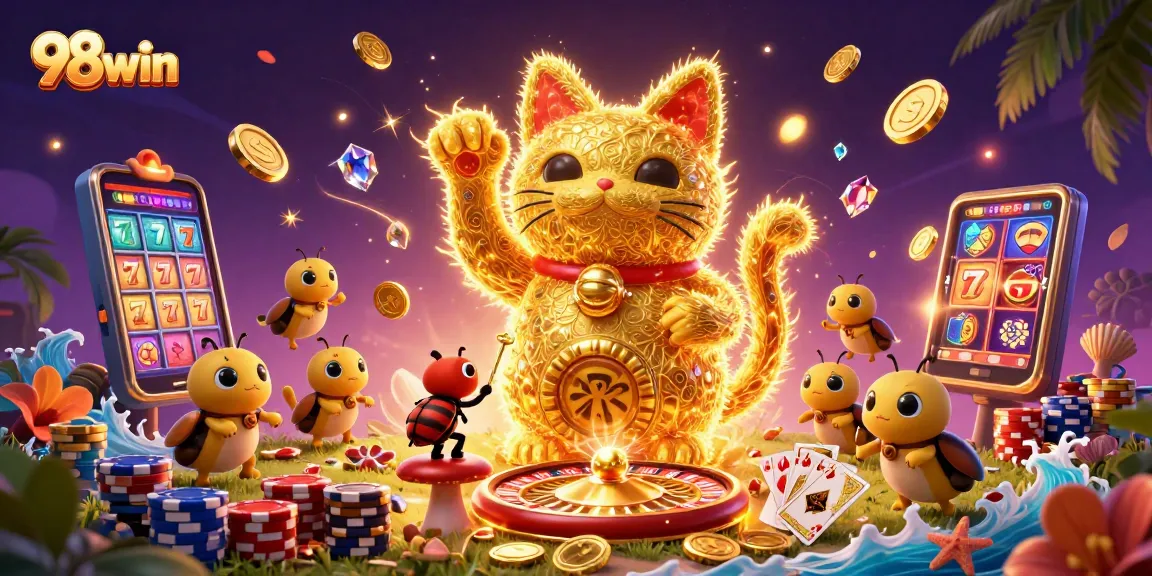 Experience the excitement of 98win with a vibrant lucky cat and casino symbols.