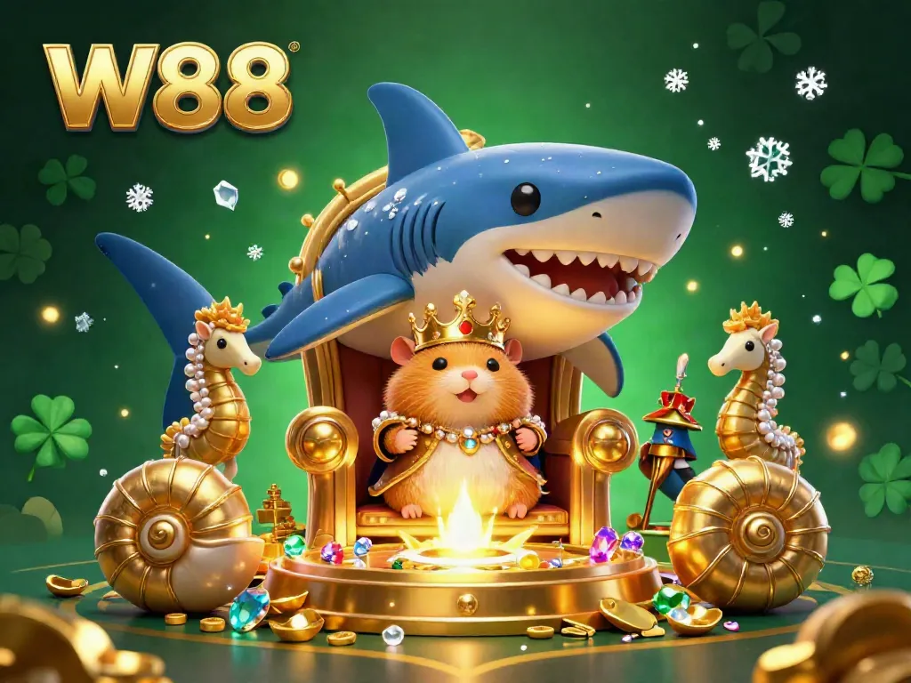 Experience the vibrant W88 gaming world with a golden hamster king, treasure, and sparkling gems.