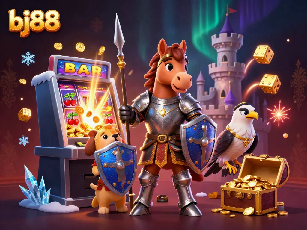Experience the excitement of bj88 with a vibrant 3D casino scene featuring knights and a jackpot explosion.