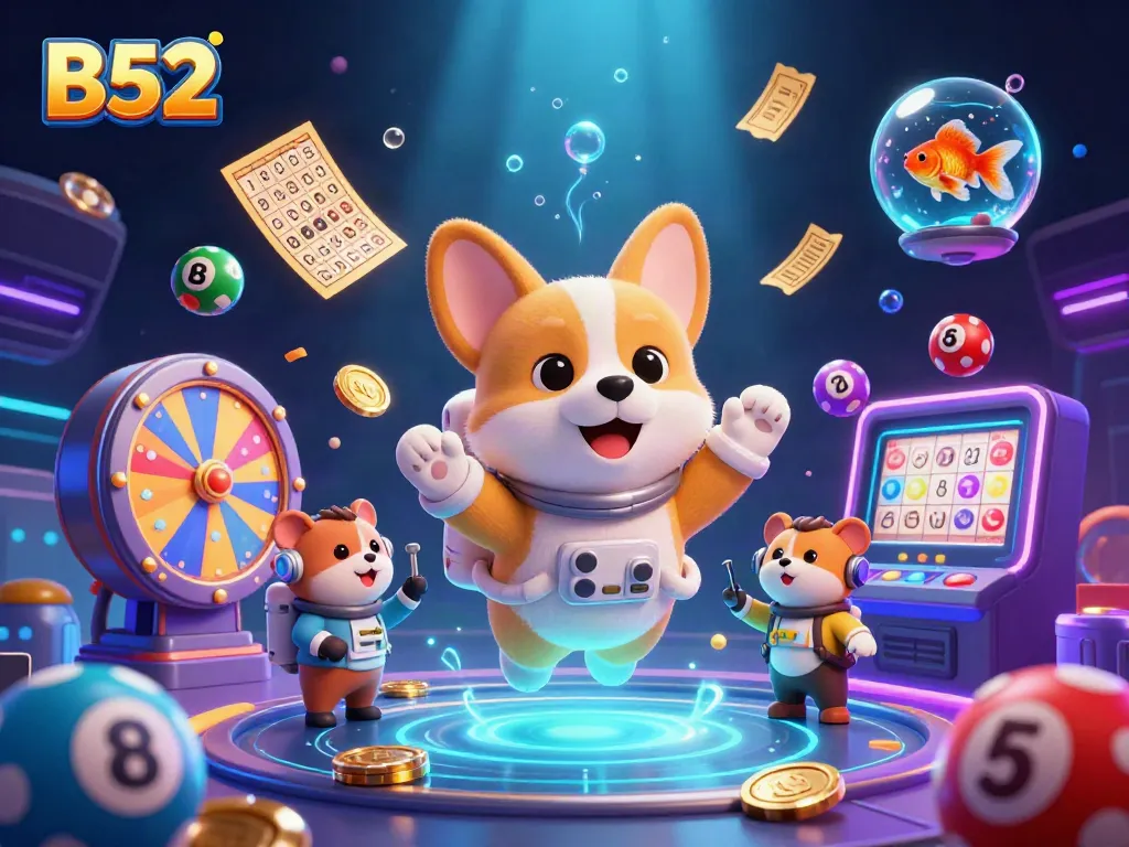 Experience the thrill of B52 in a vibrant space casino scene filled with animated gambling elements.
