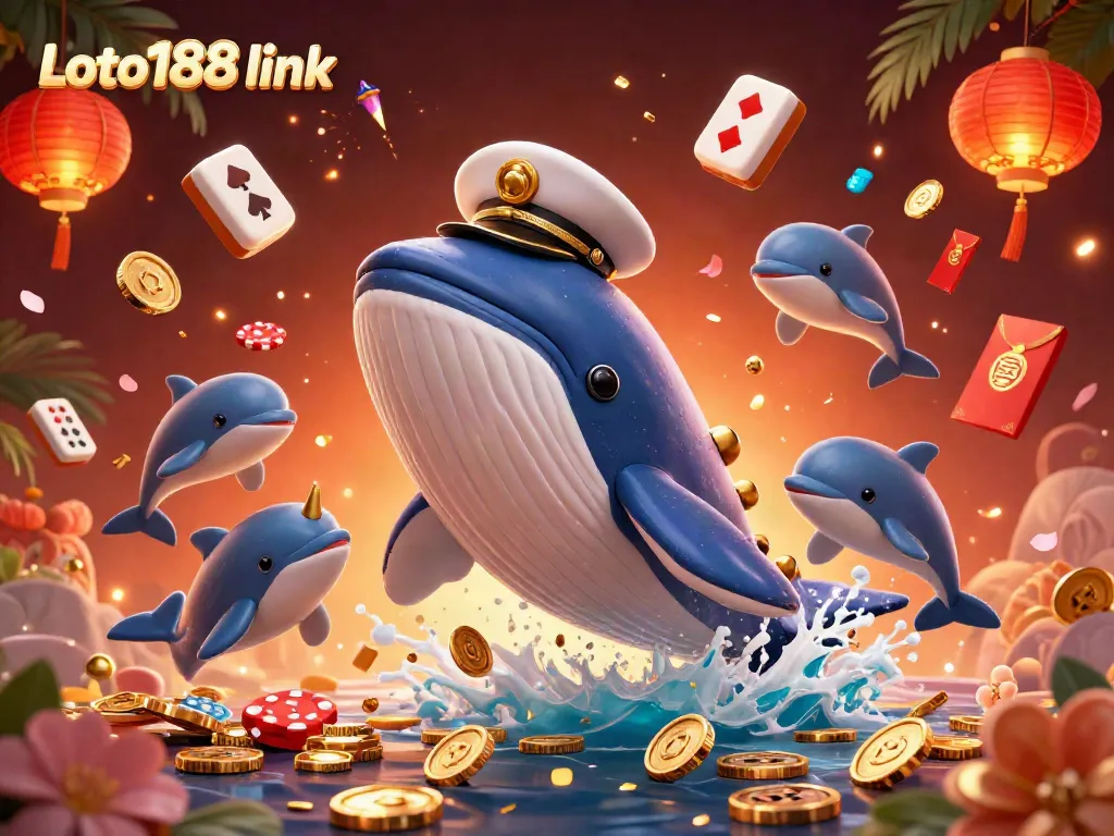 Engage with the dynamic Loto188 link scene featuring a whimsical whale, narwhal, and dolphins amidst a treasure of gaming elements.