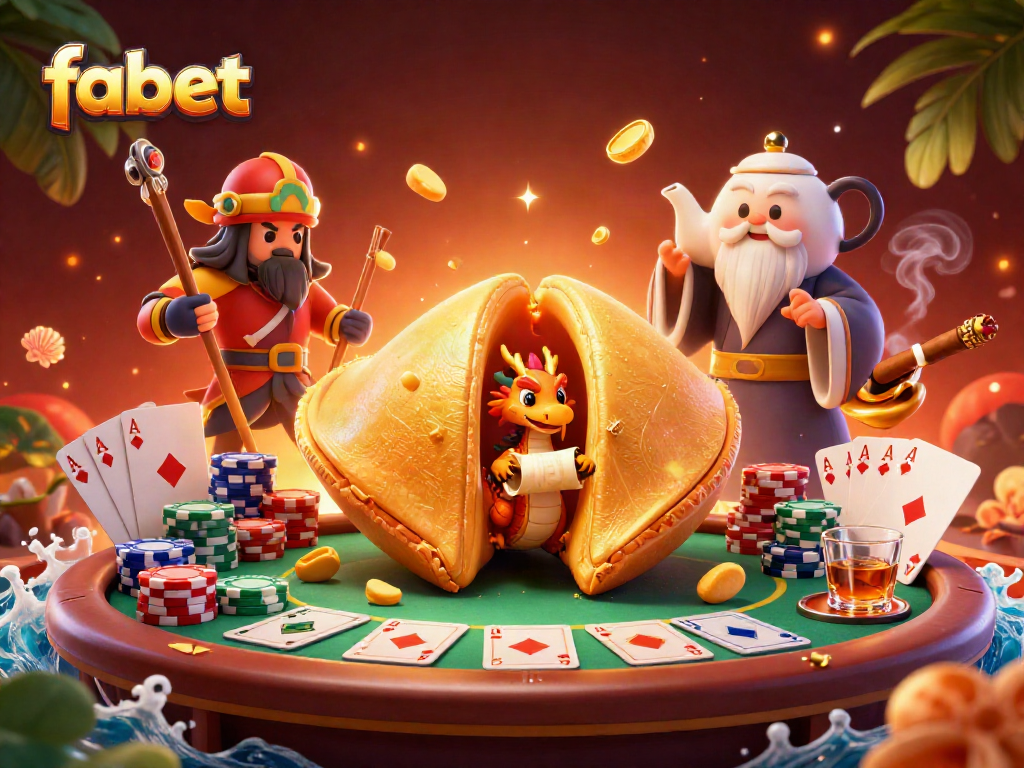Engage with fabet's dynamic casino world, featuring a fortune cookie and poker elements.