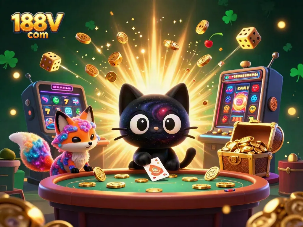 Experience the excitement of 188V com with a 3D black hole cat captivating players at a cosmic casino table, surrounded by jackpot elements.