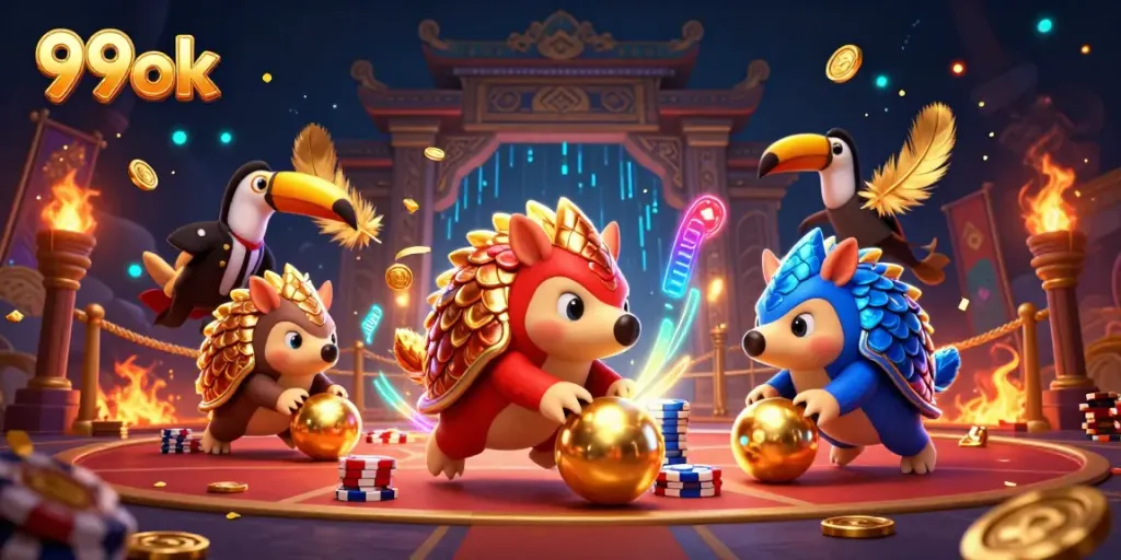 Engage in thrilling gameplay at 99ok with pangolins bowling through poker chips in this vibrant casino scene.