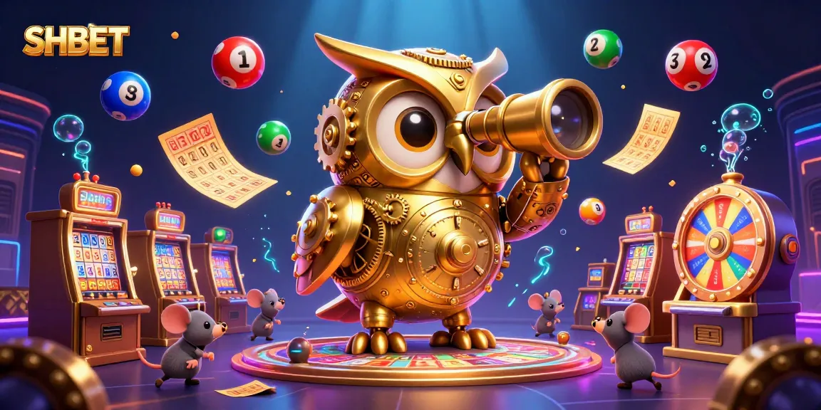 Join the excitement of SHBET with a golden owl overseeing a vibrant casino floor filled with games.