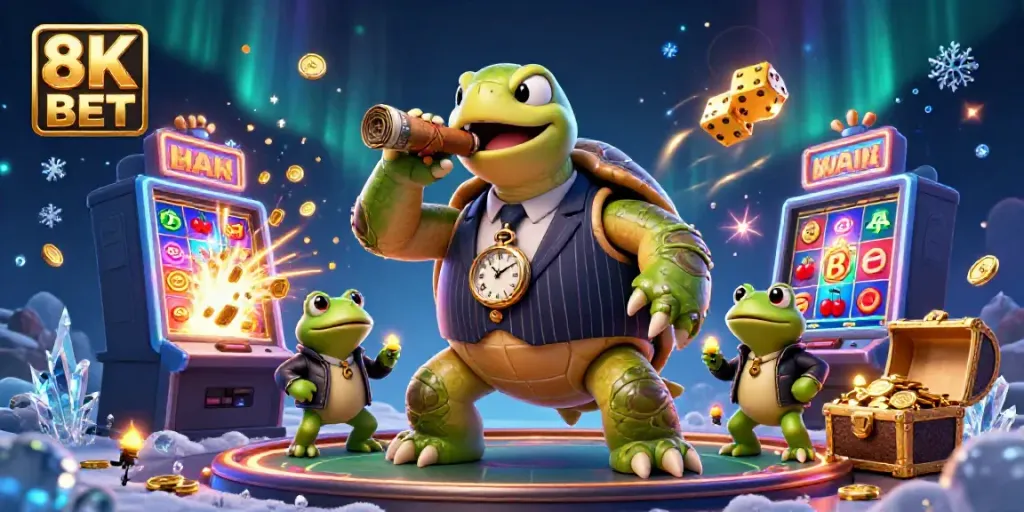 Experience the thrill of 8K BET with a lively 3D casino scene featuring a snapping turtle and bullfrogs.