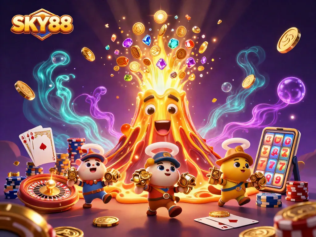 Experience thrilling gaming moments at SKY88 with vibrant casino elements and treasure-filled adventures.