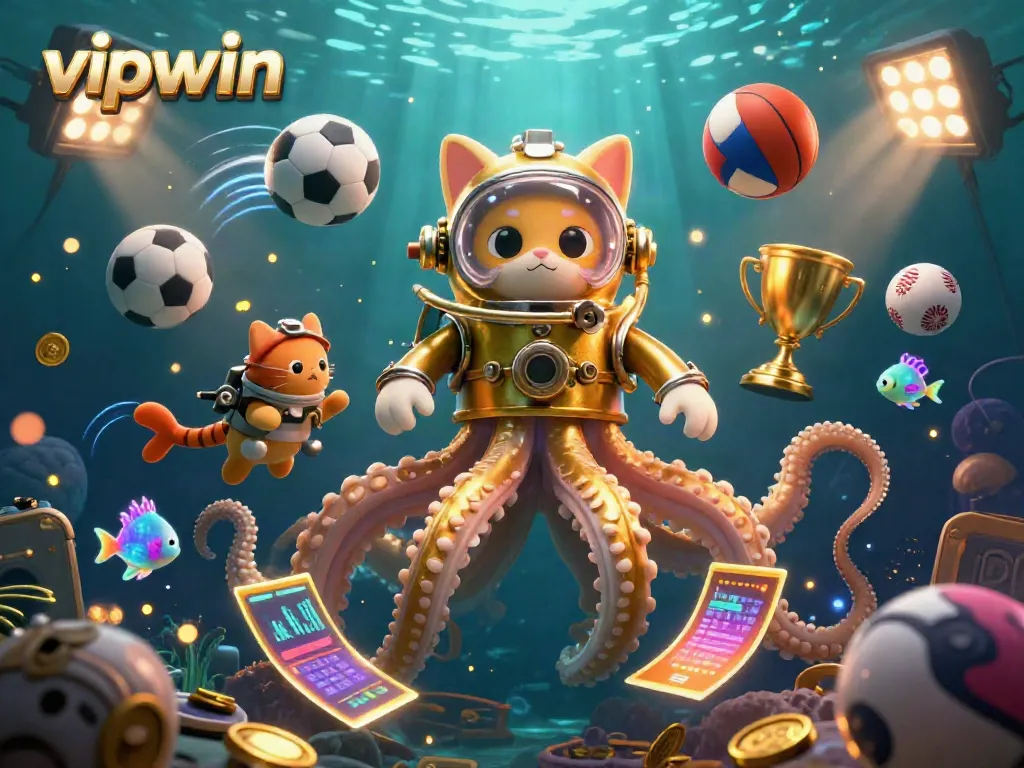 Experience thrilling gameplay with vipwin's captivating underwater scene, showcasing a kraken and a diving cat.