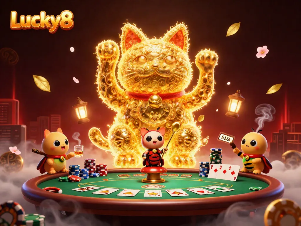 Play with Lucky8: A vibrant 3D illustration of casino excitement featuring a golden lucky cat.