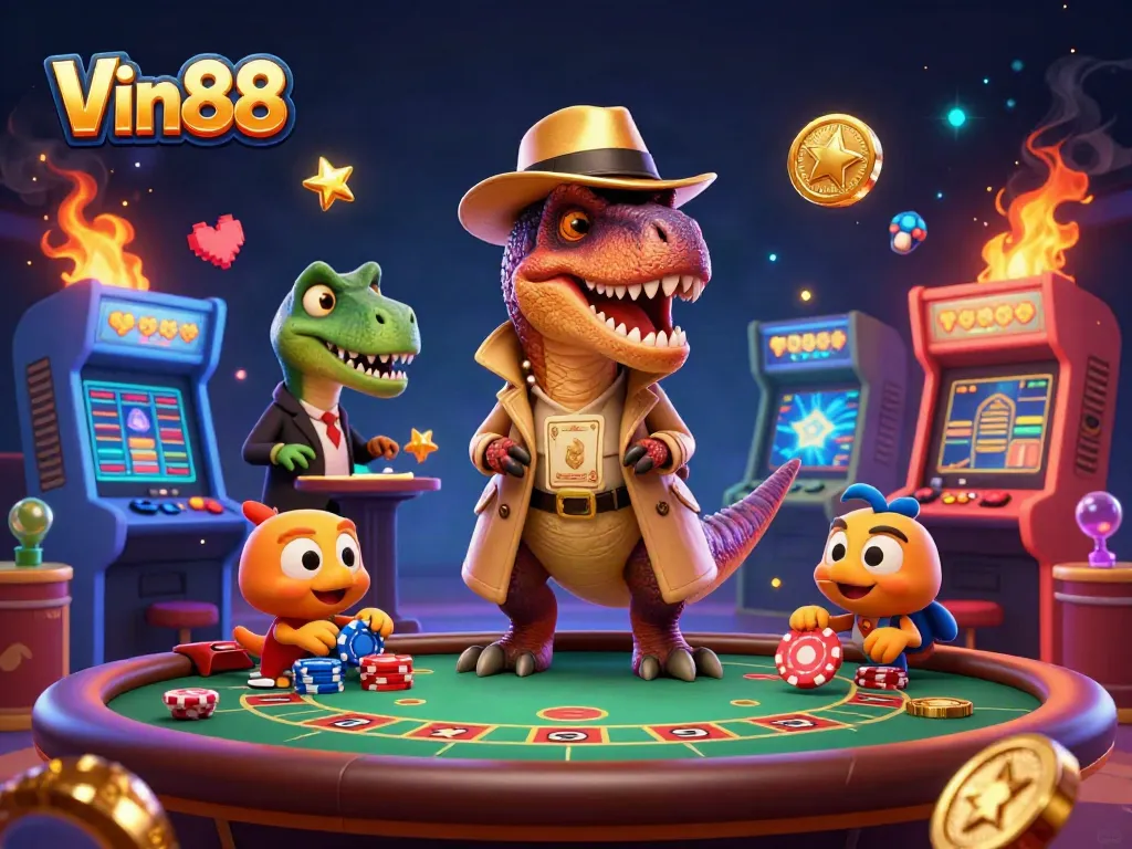 Vin88 showcases a thrilling casino scene with a quirky velociraptor and mesmerizing game elements.
