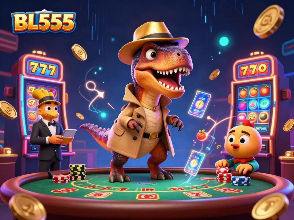 Experience thrilling gameplay with BL555 as a velociraptor card counter sneaks chips at a vibrant casino table.