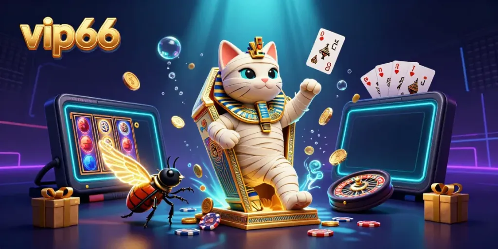 Engage in thrilling gameplay at vip66 with an Egyptian mummy cat and a glowing scarab in a vibrant casino scene.