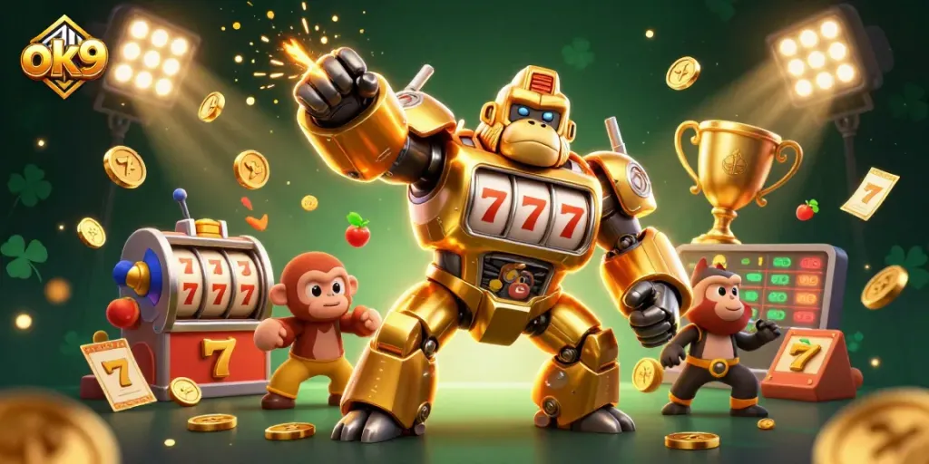 Experience exciting bingo action with ok9 in a vibrant 3D casino scene featuring a golden gorilla mech.