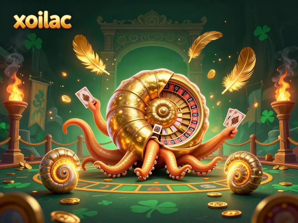 Xoilac showcases an ancient nautilus as a roulette wheel with glowing ammonites, creating a vibrant casino atmosphere.