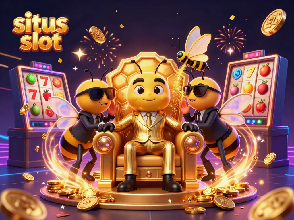 Experience the thrill at situs slot with a cartoon bumblebee mob boss surrounded by vibrant slot game elements.