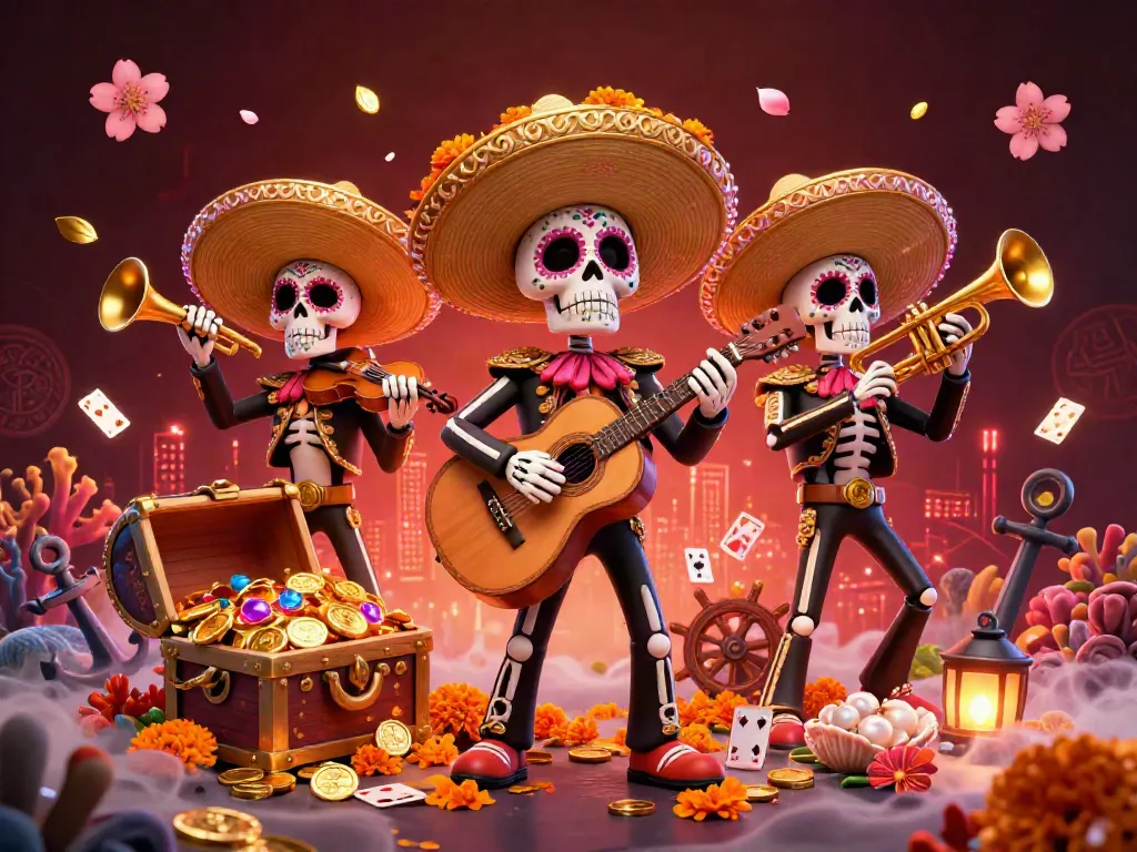 Experience the enticing atmosphere of xin88 with a vibrant Dia de los Muertos mariachi band amidst underwater treasures.