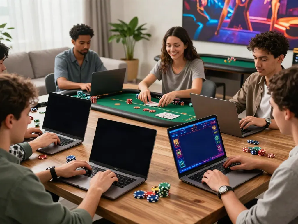 Excited players at online credit card casinos using laptops and smartphones in a vibrant home setting.