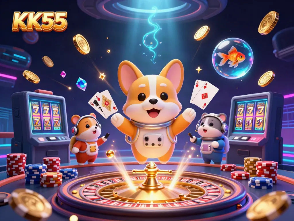 Experience thrilling moments with KK55 in a vibrant space station casino with exciting games and characters.