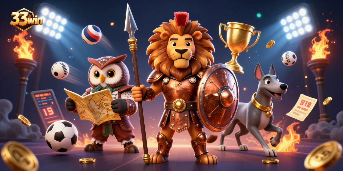 Engage with thrilling games at 33win, showcasing a dynamic illustration of a heroic Spartan lion and strategic owl.