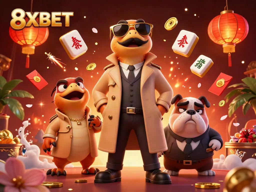 Three raptors disguised as a tall man attempt to enter a VIP casino, highlighting 8XBET's playful yet exclusive atmosphere.