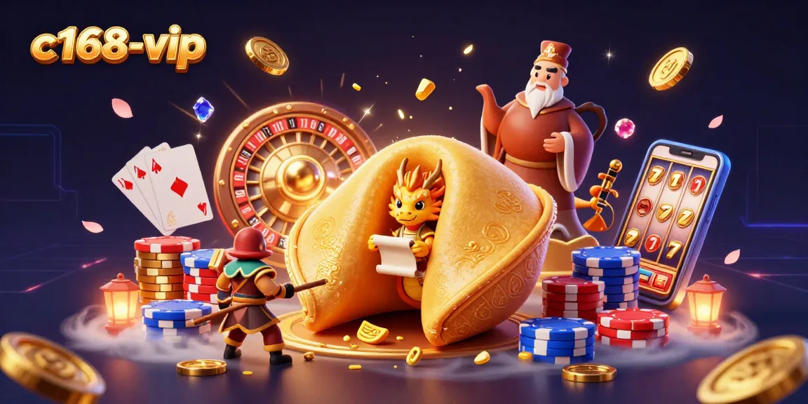Experience excitement with c168-vip's colorful 3D casino scene featuring a golden fortune cookie, dragon, and casino elements.