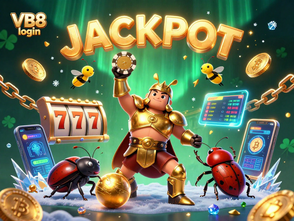 Experience amazing wins with VB8 login, featuring a victorious beetle in vibrant casino environment.