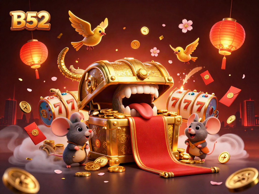 Engage in thrilling B52 slot games with golden treasures and festive symbols of luck.