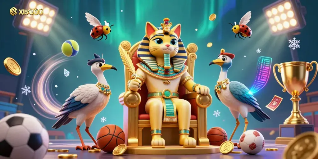 Experience thrilling wins at xoso66 with a dazzling scene featuring a pharaoh cat on a throne and vibrant sports elements.