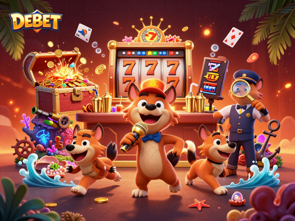 Experience DEBET in action at a vibrant casino scene with hyenas, slots, and shimmering treasures.