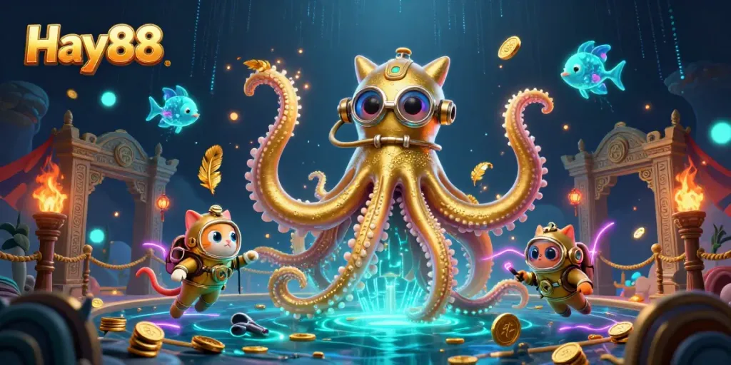 Engage with Hay88's thrilling casino experience featuring a kraken and diving cat amid a treasure-filled sea.