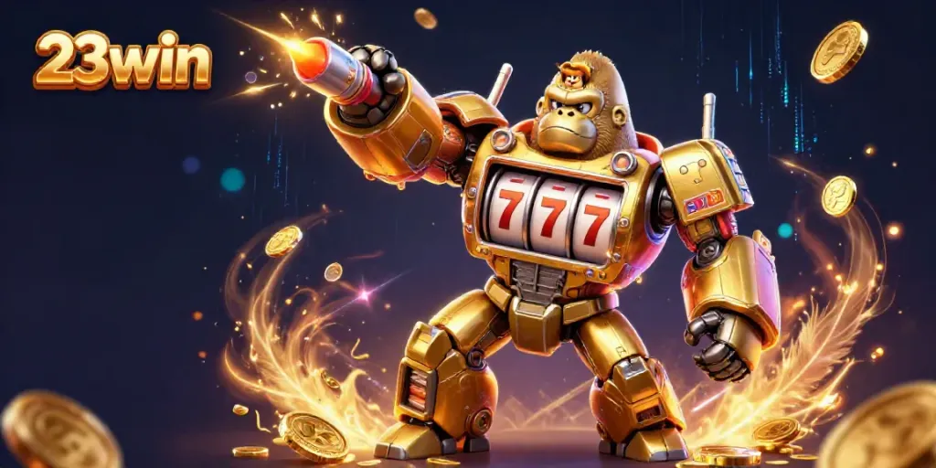 Engage with 23win's dynamic gaming world featuring a golden gorilla mech and slot machine elements.